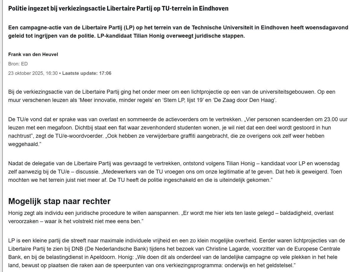 Ingrijpen politie bij LP-campagneactie op TU Eindhoven
