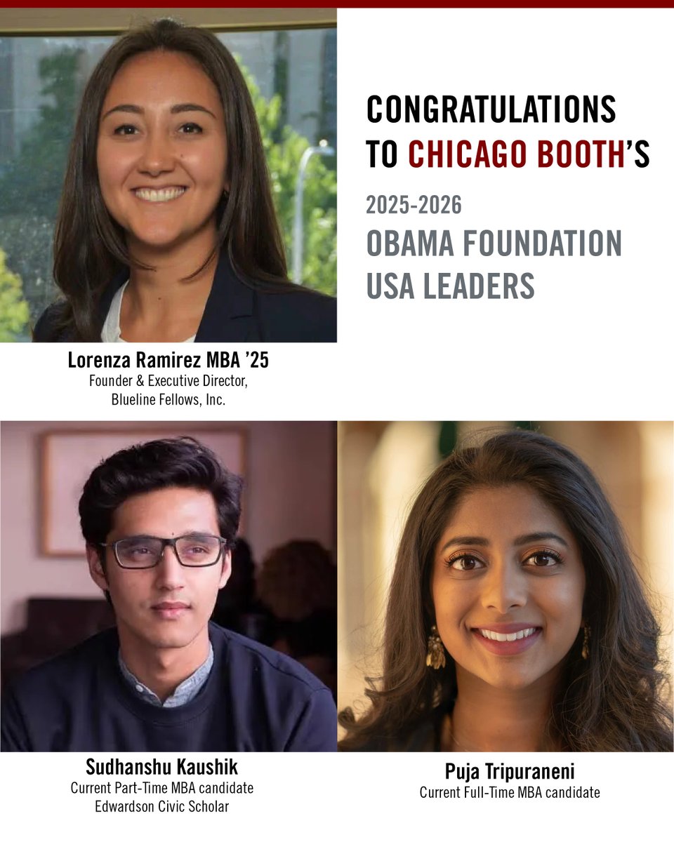 Congratulations to Sudhanshu Kaushik, Lorenza Ramirez, MBA ’25, and Puja Tripuraneni, who were selected for the 2025–26 Obama Foundation Leaders USA program. Read more about the 2025–26 Obama Foundation Leaders cohort: ms.spr.ly/6016sh9o2