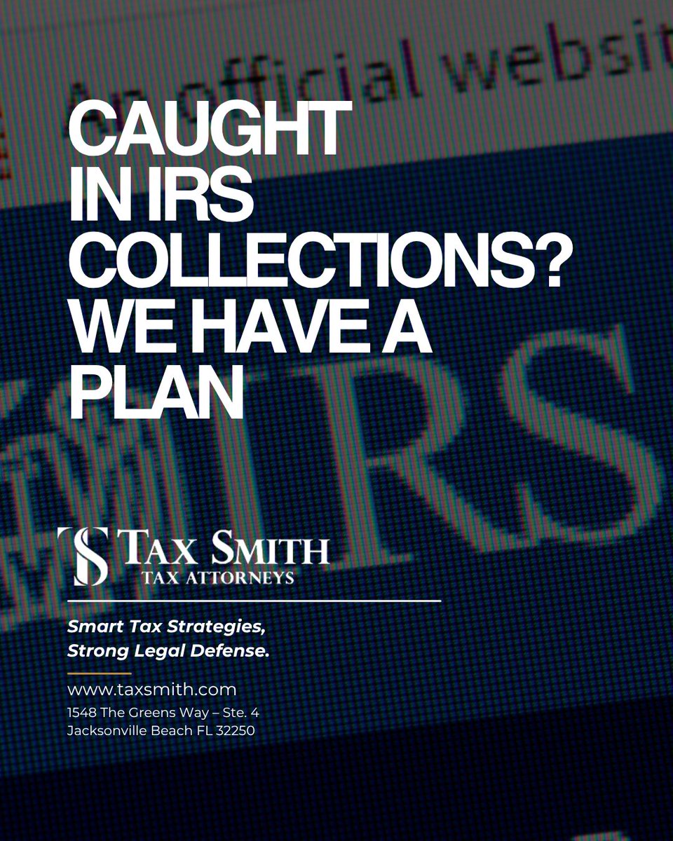 TaxSmithLaw's tweet image. From liens and levies to garnishment and audits, IRS collections escalate fast. TaxSmith helps clients fight back with settlements, payment plans, and legal protection.

See how we help: taxsmith.com/jacksonville-i…
#IRSCollections #TaxRelief #TaxDefense #LegalSupport #TaxAttorney