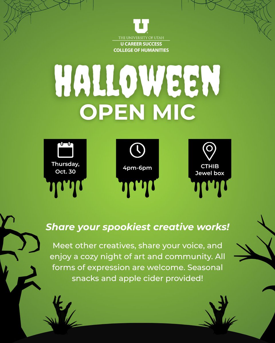 The College of Humanities invites you to attend our Halloween Open Mic where you can share your spookiest creative works! We are DYING to see your projects...and we promise there will be no "Boo"s 👻!

Visit here to sign up: ow.ly/mKXC50Xgo7I