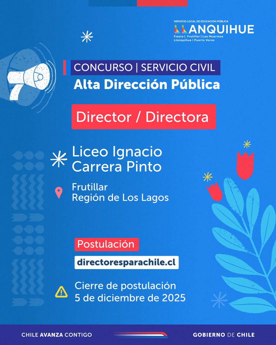 📣 ¡Concurso abierto!

Postula al cargo de director / directora del Liceo Ignacio Carrera Pinto, ubicado en la comuna de Frutillar, región de Los Lagos. 🏫

📅 Cierre de postulación: 5 de diciembre de 2025

🔗 Postula en directoresparachile.cl

📚 ¡Súmate al desafío!💪✏️