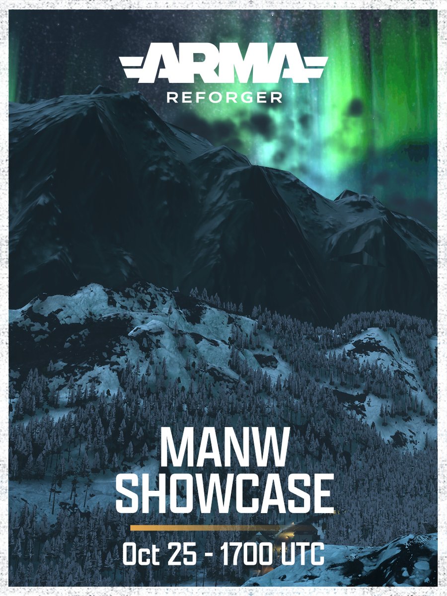 Grab your blankets, it’s going to get cold! 🥶
Join us Saturday at 1700 UTC for an icy #MakeArmaNotWar 2025 finalist showcase!

Community Manager <a href="/Nillers_/">Nillers</a> jumps into #ArmaReforger as Game Master as players fight on the blizzard-blasted slopes of Novka. Expect realism mods,