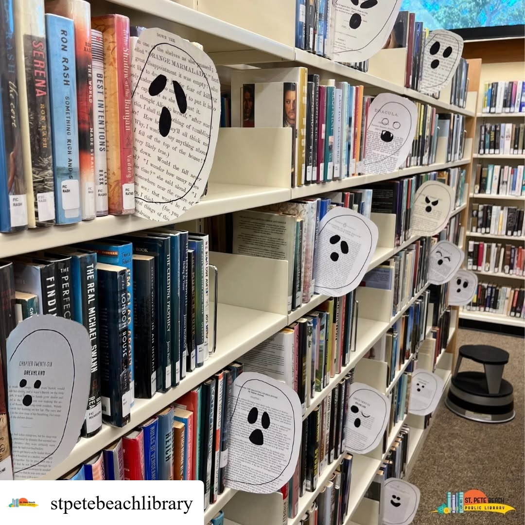 #repost @stpetebeachlibrary 👻 Happy Halloween from our boooooks to you! We hope you have a spooky and safe day! #stpetebeach #stpetebeachlibrary #happyhalloween #spookybooks #library