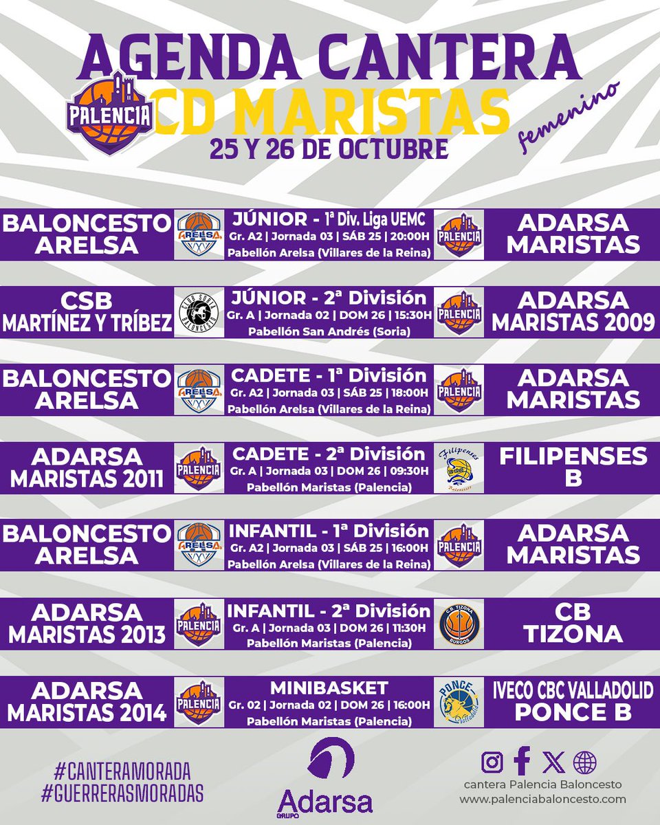 PBcantera's tweet image. #AgendaMorada |
💜 Nueva jornada de la competición @fbcyl antes de un nuevo parón 
🔍 Por fin, debut de los mini masculinos
🚨 8 partidos como locales
#CDMaristas
#VamosMorados
#GuerrerasMoradas