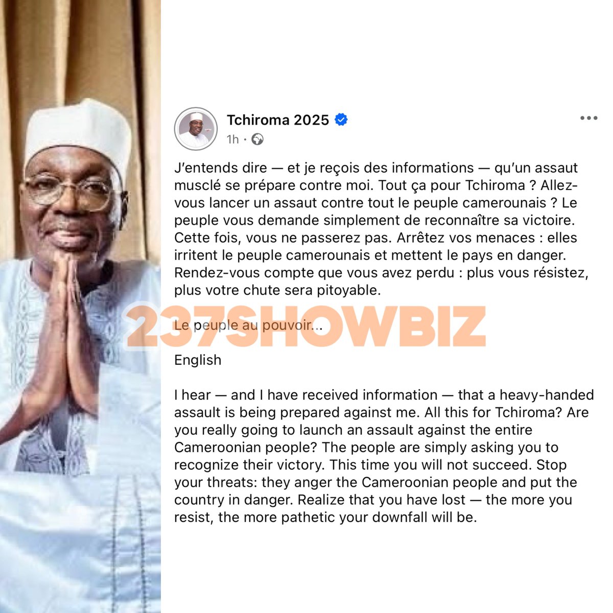 #BreakingNews 

From the desk of FSNC Presidential Candidate Issa Tchiroma

“I hear and I have received information that a heavy-handed ass_ault is being prepared against me. All this for Tchiroma?…”