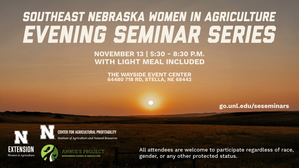 Learn the ins and outs of leasing agricultural land and understanding crop and livestock insurance at our next Southeast Nebraska Evening Seminar! 💡

Connect with other women in ag and gain tools to strengthen your business decisions. Register at go.unl.edu/seseminars 📲