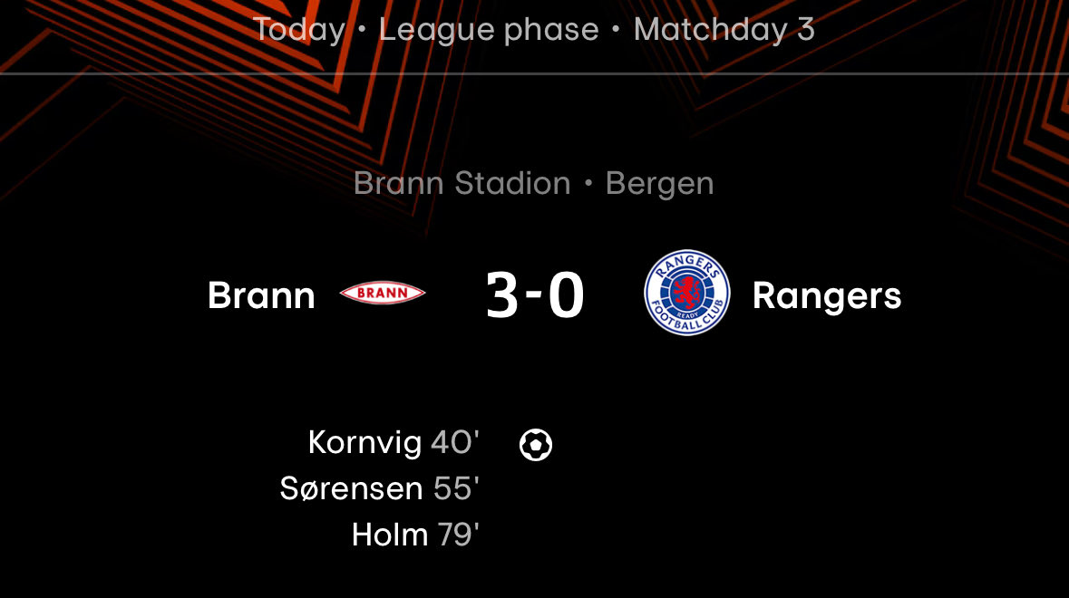 Da vi sang «Bella ciao» på slutten slo det meg. For litt over 3 år siden spilte vi mot Sandnes Ulf bare 2 dager før Rangers spilte finale i Europa League. I dag slo vi Rangers.

Ka om Brann ble igjen nedi OBOS?