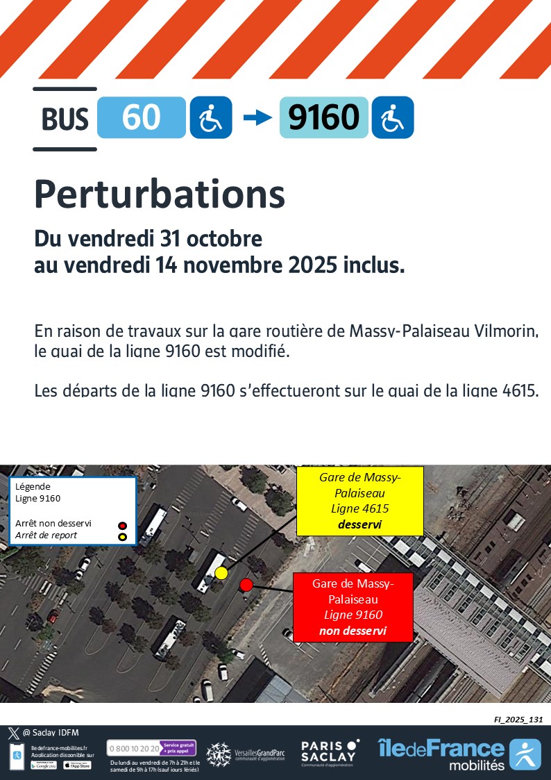 🚨 #infotrafic #Travaux #Ligne9160 #Massy
‼️Du 31/10 au 14/11/25
🚧Gare de Massy-Palaiseau Vilmorin
❌Arrêt 'Gare de Massy-Palaiseau' déplacé sur le quai de la ligne 4615

voir schéma

<a href="/MobParisSaclay/">Mobilités - Paris-Saclay</a>  <a href="/villedemassy/">Ville de Massy</a>