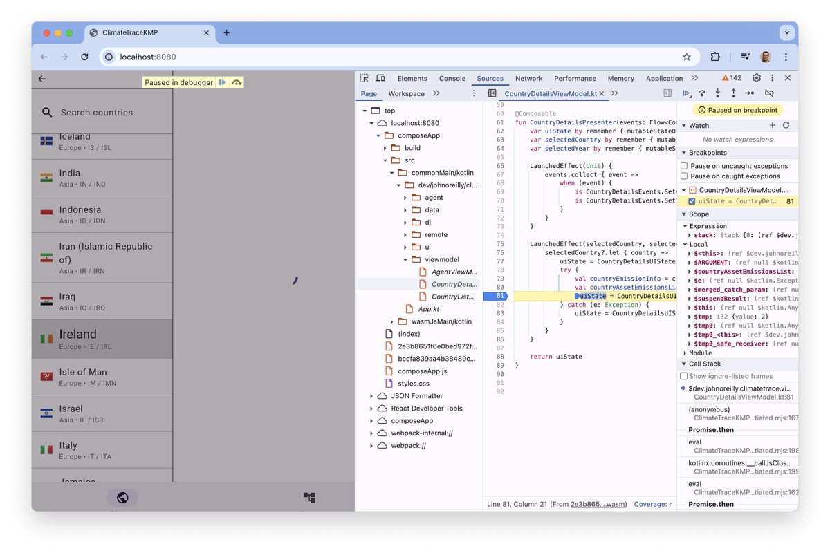 joreilly's tweet image. The Kotlin/Wasm based Compose for Web browser debugging capability that @sebi_io demoed below is very nice (kotlinlang.org/docs/whatsnew2…).  Showing example here in ClimateTrace KMP/CMP sample (github.com/joreilly/Clima…).