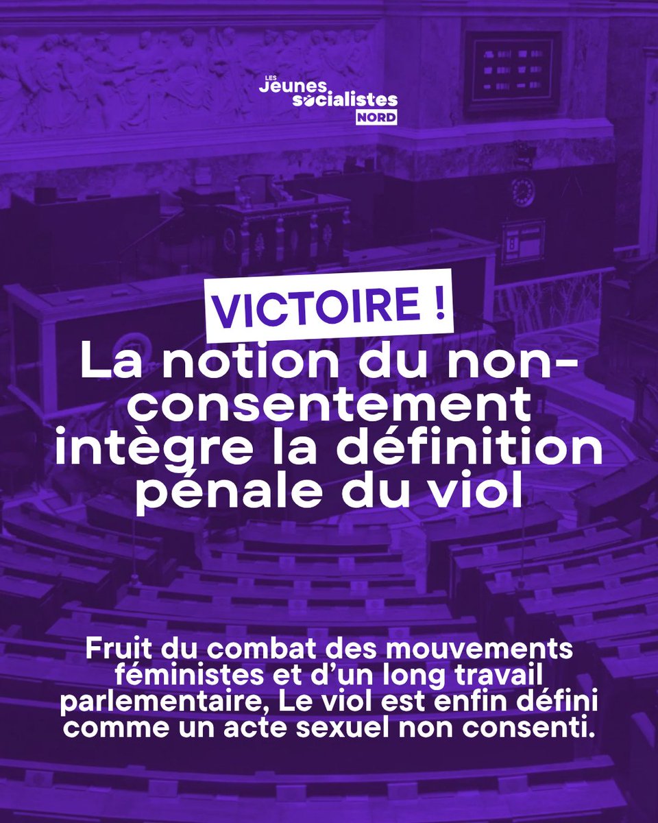 🟣 Victoire : l’Assemblée nationale adopte l'intégration de la notion du non-consentement dans la définition pénale du viol !

C’est l’aboutissement d’un long combat féministe et politique afin de faire triompher une exigence de justice, de clarté et de dignité pour les victimes.