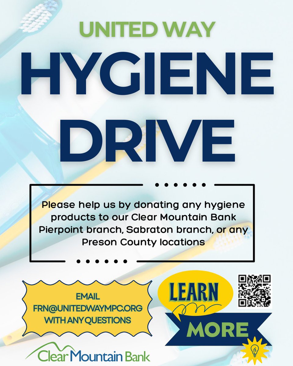 ClearMtBank's tweet image. Join us in supporting our community's Hygiene Drive! 🤝 Drop off your donations at Clear Mountain Bank between now and November 14. Every bit helps those in need!💙
#CommunityStrong #LocalBanking #ClearMountainBank #UnitedWayPartner