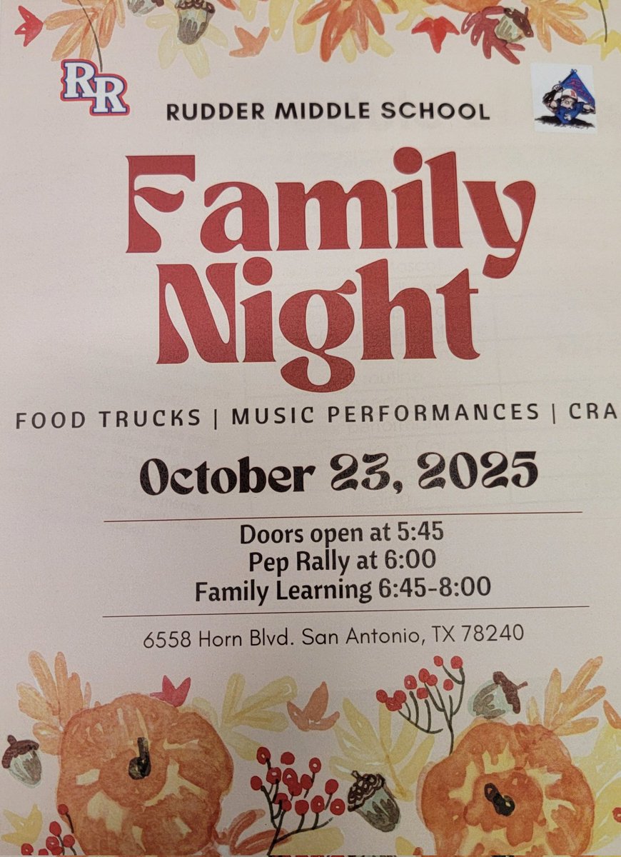 Join us tonight for our Family Night of Learning! <a href="/EarlRudderMS/">Rudder Middle School</a>