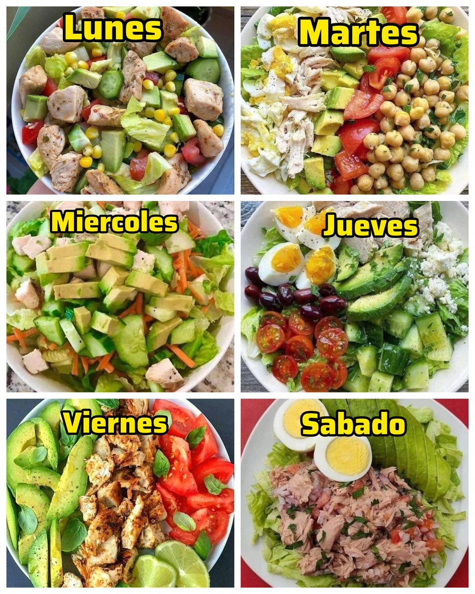 NutriologoGiron's tweet image. Ensalada para tu semana
LUNES
-Pechuga
-Aguacate
-Jitomate
-Elote
MARTES
-Huevo
-Garbanzo
-Atun
-Aguacate
-Jitomate
MIERCOLES
-Pechuga
-jitomate
-Aguacate
-Lechuga
JUEVES
-Aguacate
-Pepinos
-pech8ga
-Huevo
-Queso
VIERNES
-Pollo
-Jitomate
-Aguacate
SABADO
-Atun
-Aguacate…