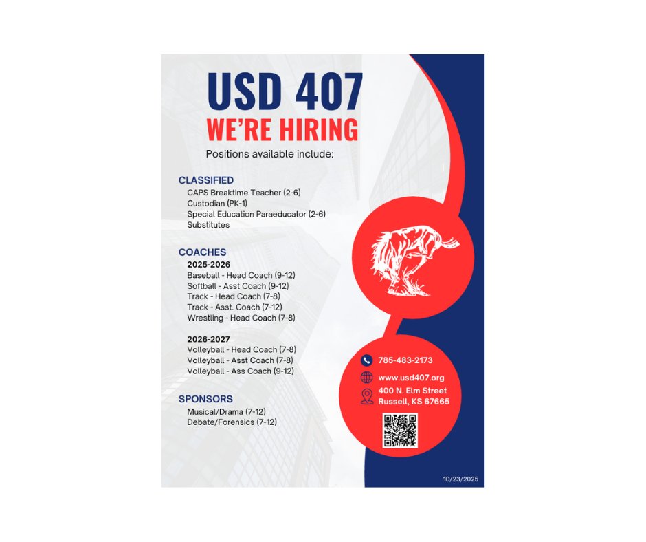 USD 407 is hiring ! Current positions available include a custodian, a paraeducator, and coaching staff. Apply online at usd407.org. Follow the link for a printable flyer: aptg.co/Hx0R4P