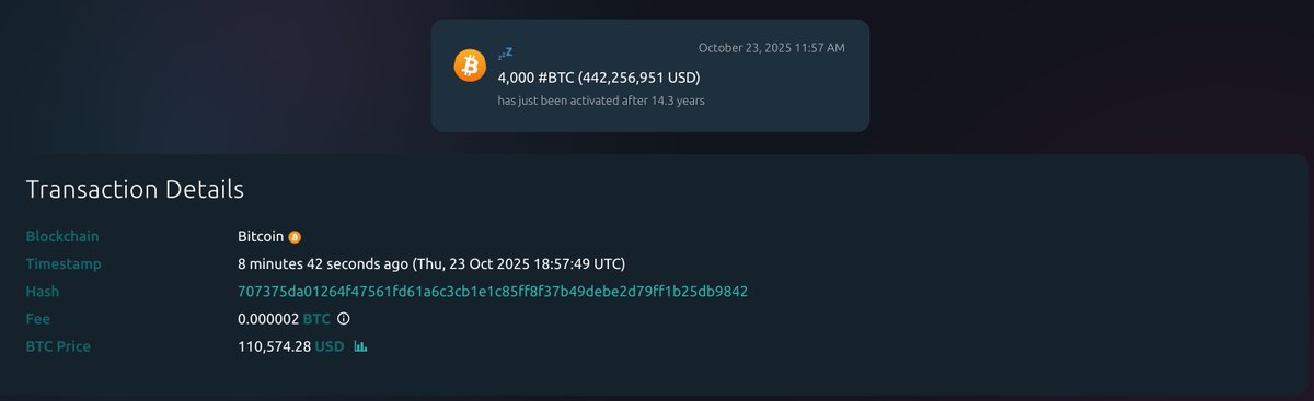 🟠BTC-ARCHIVE: Una balena di Bitcoin sposta 4.000 BTC dopo 14 anni, il valore crolla da 67.000 a 442 milioni di dollari