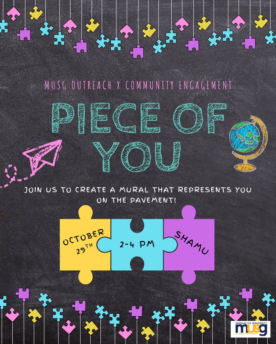 MUStudentGov's tweet image. Join us for Piece of You, where you can express you—your story, passions, culture, or dreams—through chalk art! No art skills required 😉. Just bring your imagination and be ready to share your “piece” of the bigger picture! #marquetteuniversity #community #musg