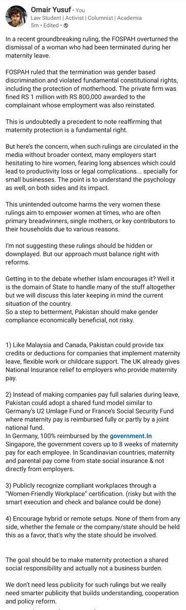 omairyus's tweet photo. A landmark #FOSPAH ruling reinstated a #woman fired during maternity leave, affirming that #maternity protection is a fundamental right. But to make a real impact, #Pakistan must ensure gender compliance becomes economically beneficial, not risky.
#Islamabad https://t.co/2h8YKh7EuC