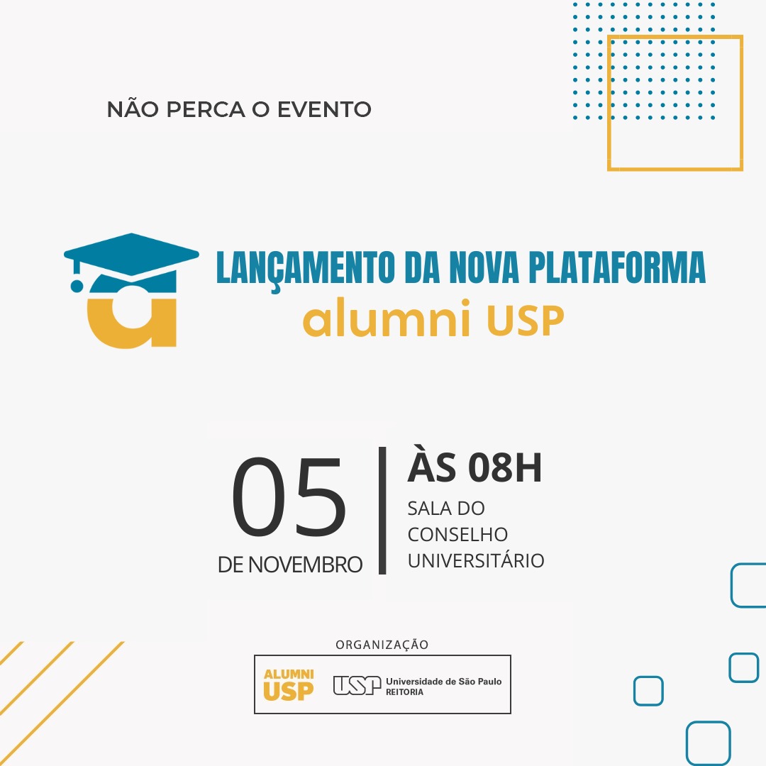 AlumniUsp's tweet photo. SAVE THE DATE! 📆

No dia 05 de novembro, às 8h, será lançada a nova plataforma Alumni USP, em evento realizado na Sala do Conselho Universitário.

Uma versão renovada, com novidades e melhorias para fortalecer ainda mais a conexão entre a Universidade e seus egressos🎓🚀 https://t.co/AwG5W2qYob