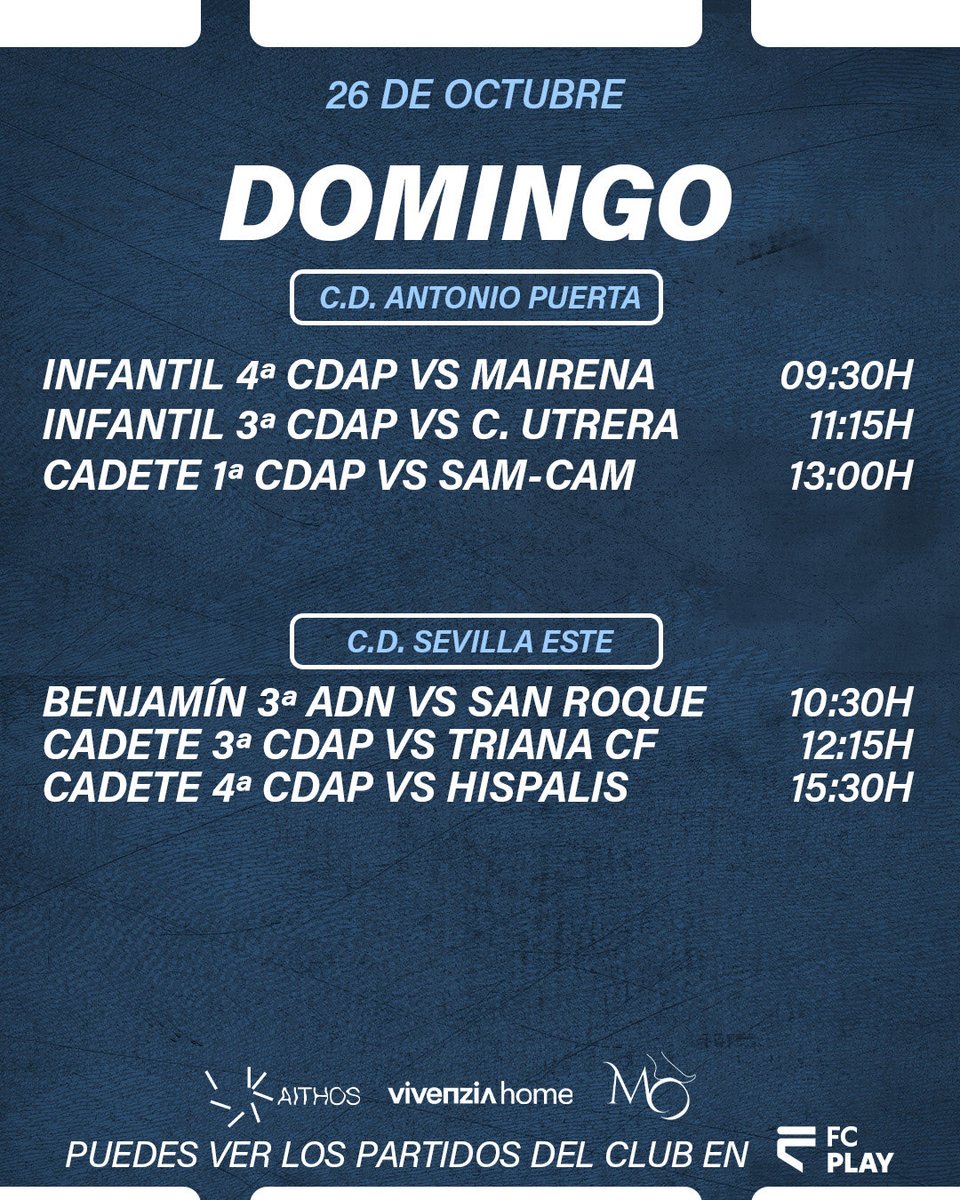 ¡𝐇𝐨𝐫𝐚𝐫𝐢𝐨𝐬 𝐝𝐞 𝐥𝐨𝐬 𝐩𝐚𝐫𝐭𝐢𝐝𝐨𝐬 𝐞𝐧 𝐜𝐚𝐬𝐚 𝐝𝐞 𝐥𝐚 𝐬𝐞𝐦𝐚𝐧𝐚! 

🔥 Nuestro Cadete 2ª Andaluza juega contra un histórico del fútbol provincial para buscar su 3ª victoria en la temporada. ¡Vamos con todo!

🤝🏻💙 ¡Os necesitamos este fin de semana, afición!