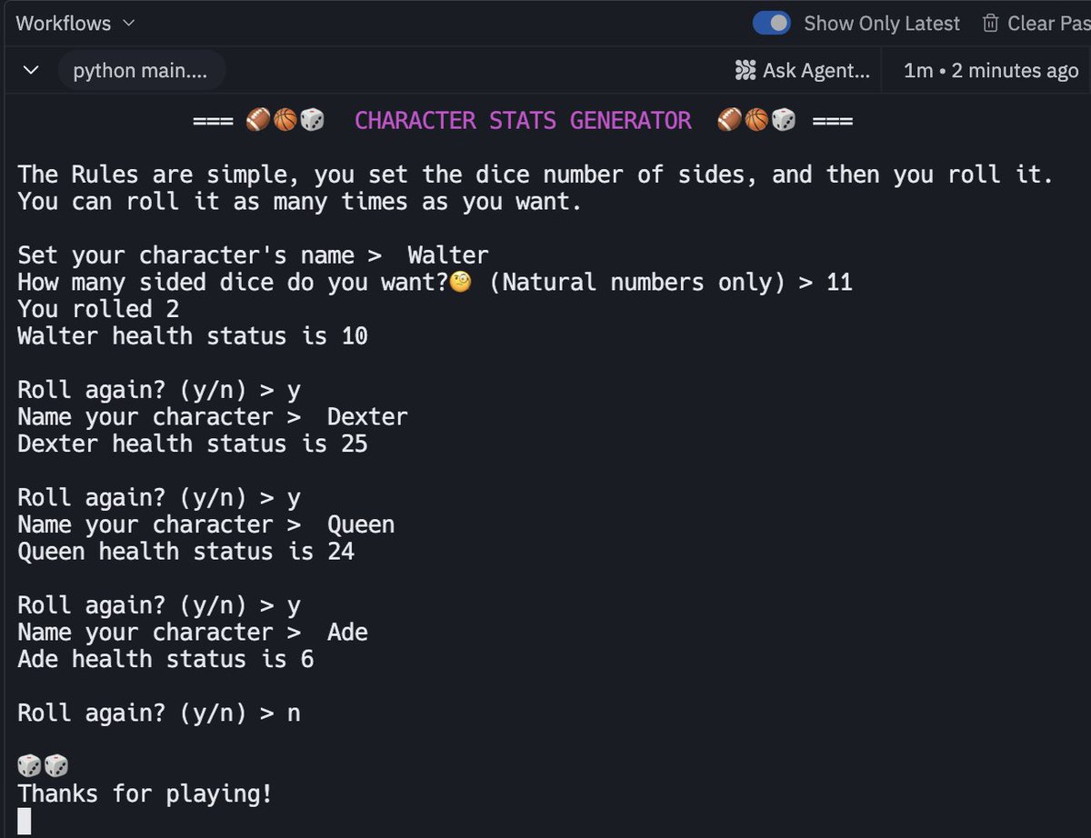 dorcas_opatola's tweet image. Built a character health stats generator to prepare for the epic battle in 3 days!! Day 25  of #Replit100DaysOfCode #100DaysOfCode. Join me on @Replit join.replit.com/python