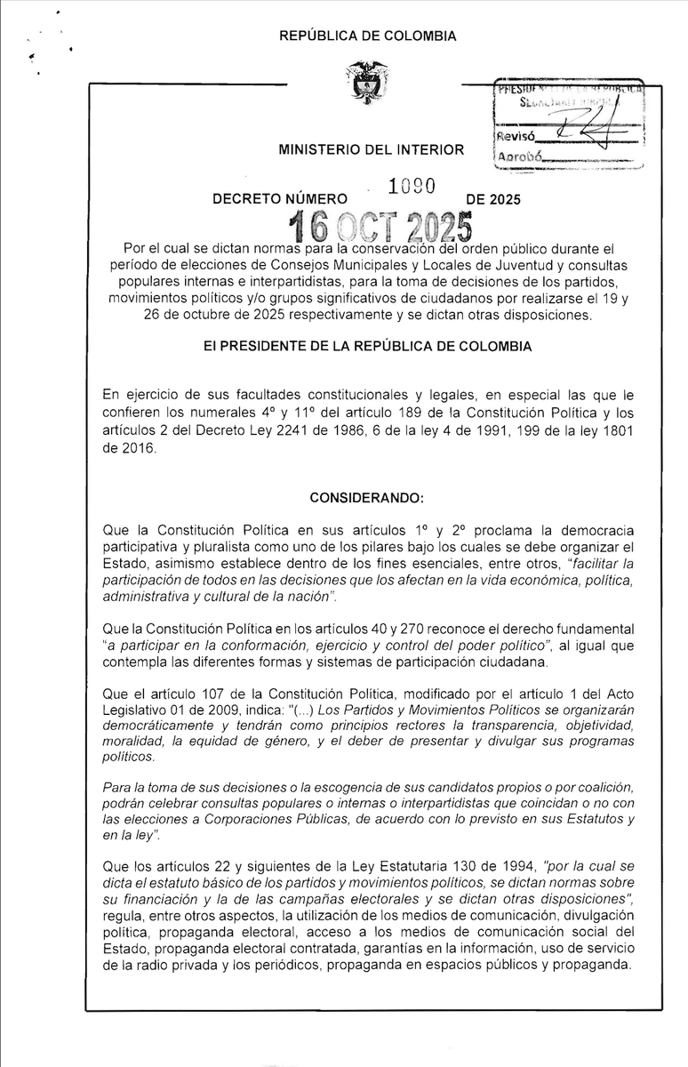 📣 Compartimos a continuación un resumen técnico sobre la aplicación del Decreto 1090 de 2025, en relación con las consultas internas de partidos o movimientos políticos, como la convocada por el Pacto Histórico. <a href="/MinInterior/">MinInterior Colombia</a> 

Este análisis aclara que la ley seca establecida