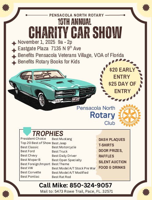 THIS WEEKEND, the Pensacola North Rotary Club is hosting their 10th Annual Charity Car Show, all benefiting #VOAF Pensacola Veterans Village!

Your support helps us provide vital housing and services to our veterans in need #VOAFPensacola #CharityCarShow #PensacolaRotary