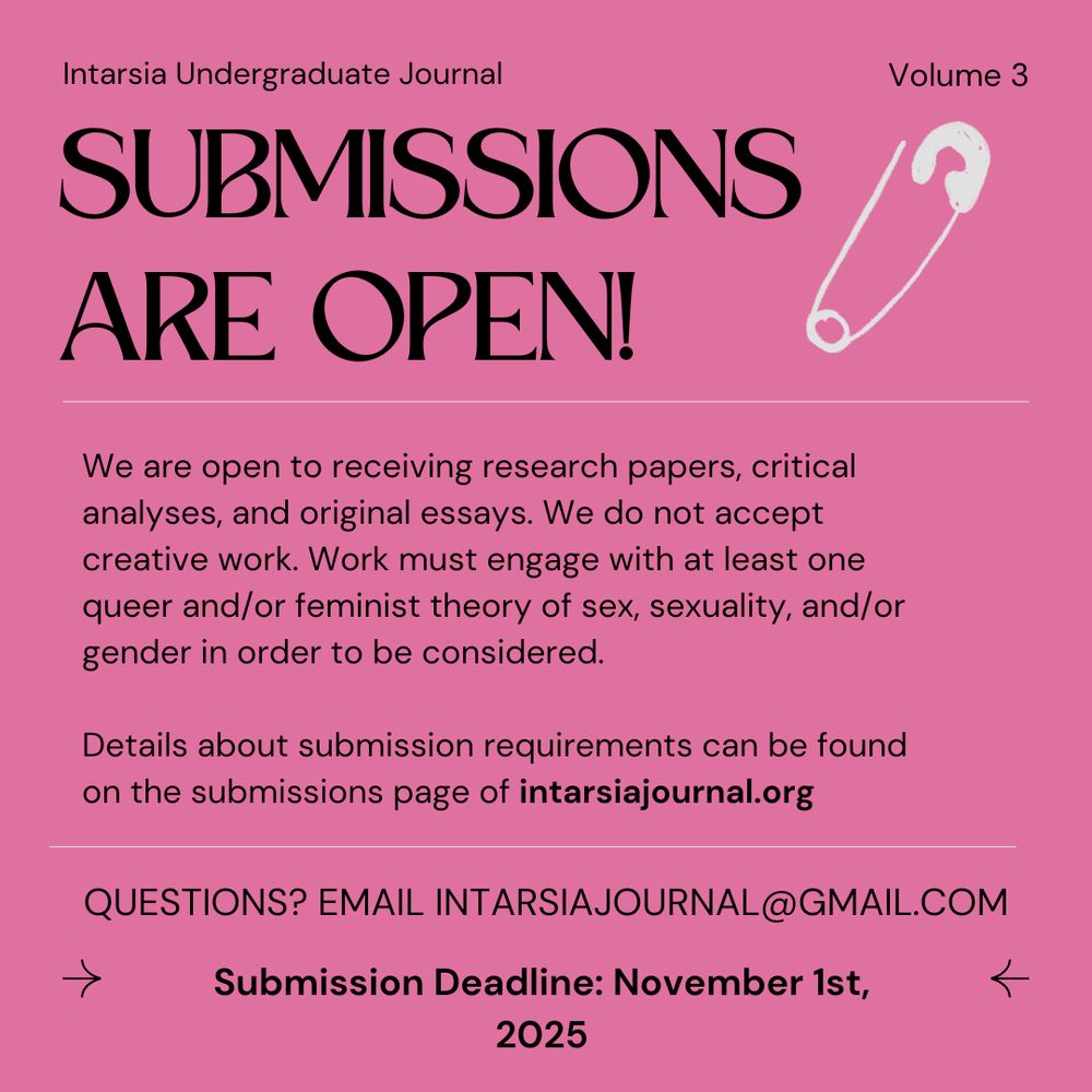 We are now accepting submissions for Volume Three of Intarsia: Undergraduate Journal of Queer and Feminist Inquiry.  

Please encourage your undergraduate students to submit! Intarsia is peer-reviewed, open-access, and student-led. It is sponsored by <a href="/emory_wgss/">Emory WGSS</a>