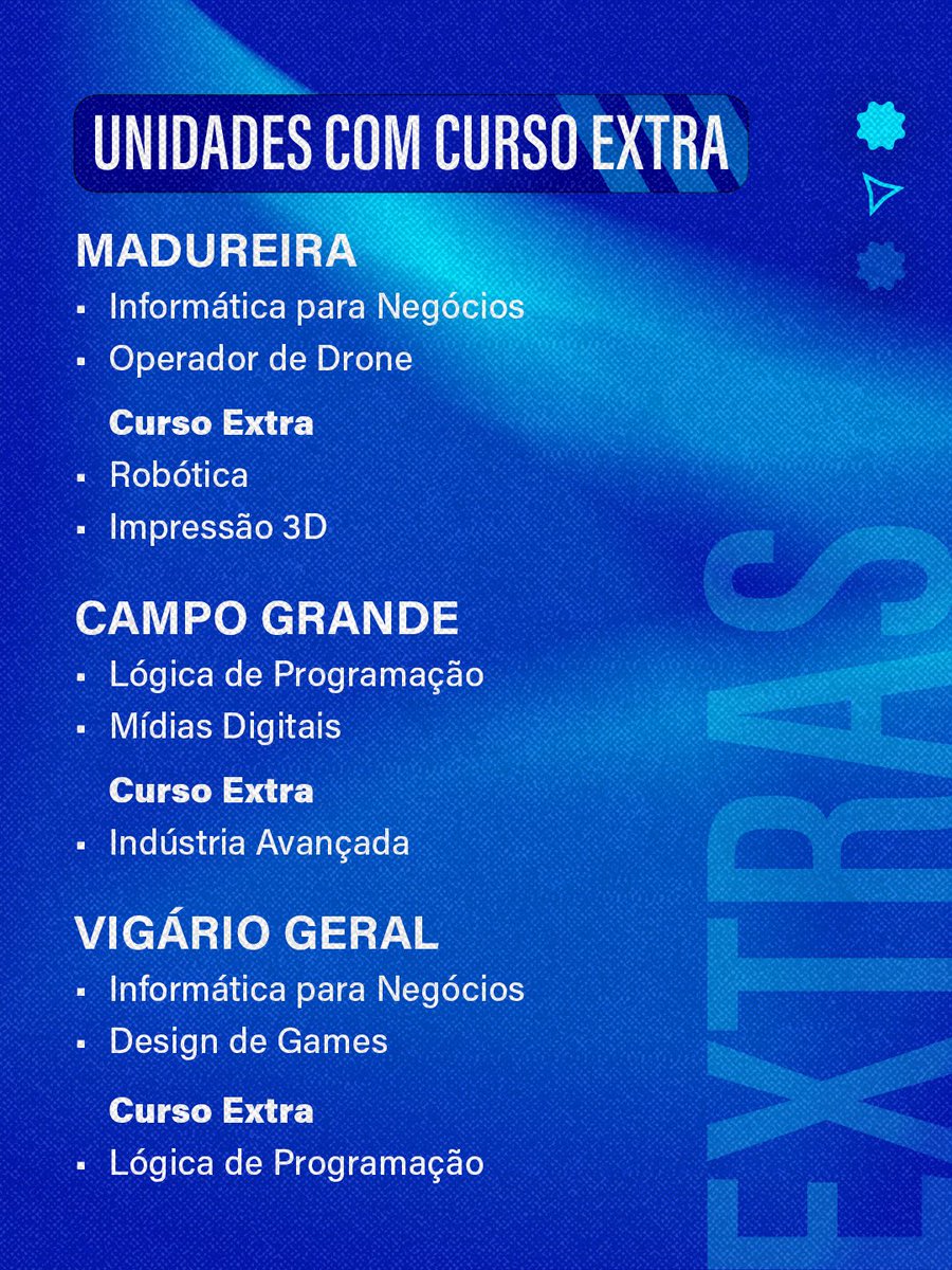 Os Espaços da Juventude estão com inscrições abertas para cursos gratuitos que vão turbinar seu futuro.

Novidade: o curso de Lógica de Programação chegou pra quem quer começar no mundo da tecnologia!

🔗 Garanta sua vaga pelo link da bio ou em um dos nossos Espaços da Juventude.