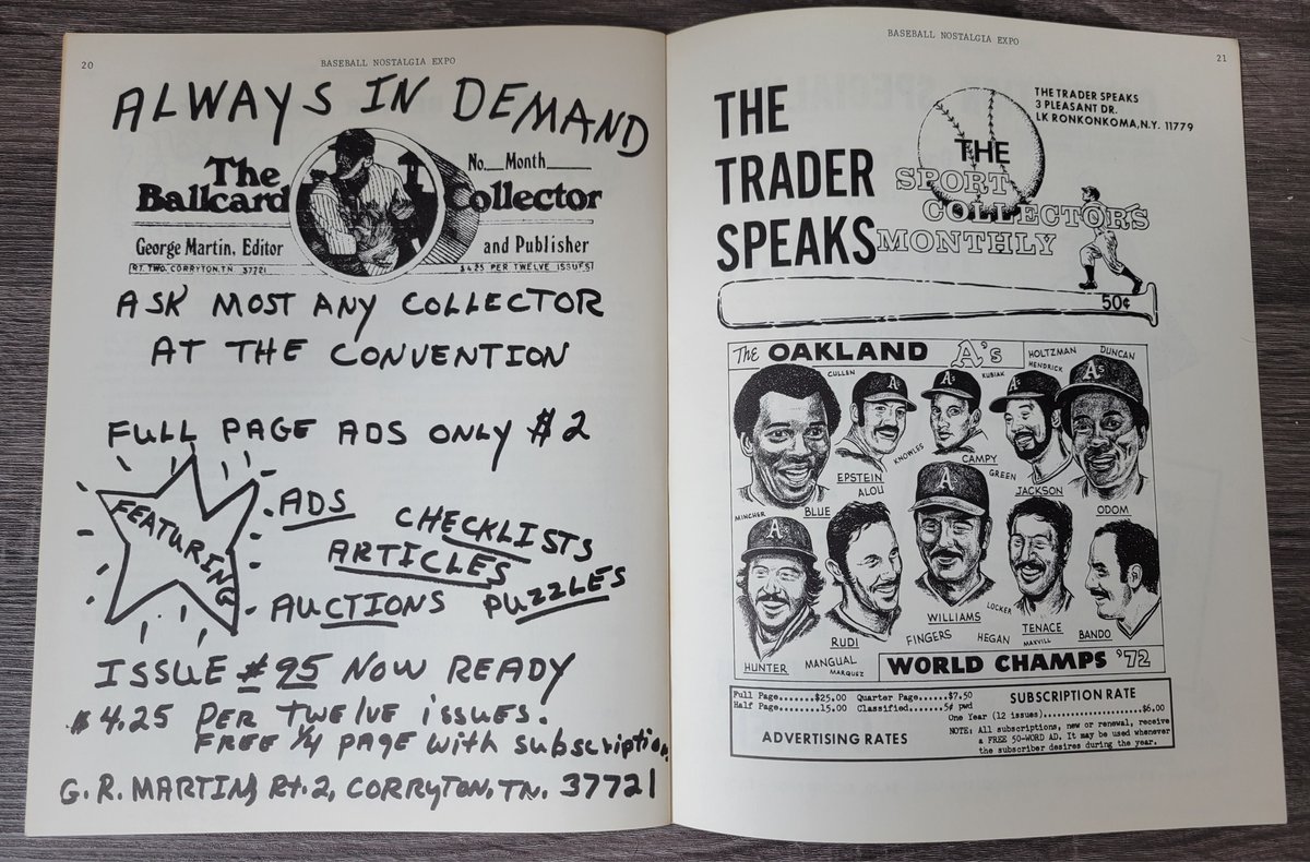 Another recent pickup, program for the 2nd Baseball Nostalgia Expo.  Features reprints of a few great articles, including one from the May 4, 1929 issue of The New Yorker, and one that was familiar to me.  Also some great ads for hobby pubs of the era!
#HobbyLibrary #TheHobby