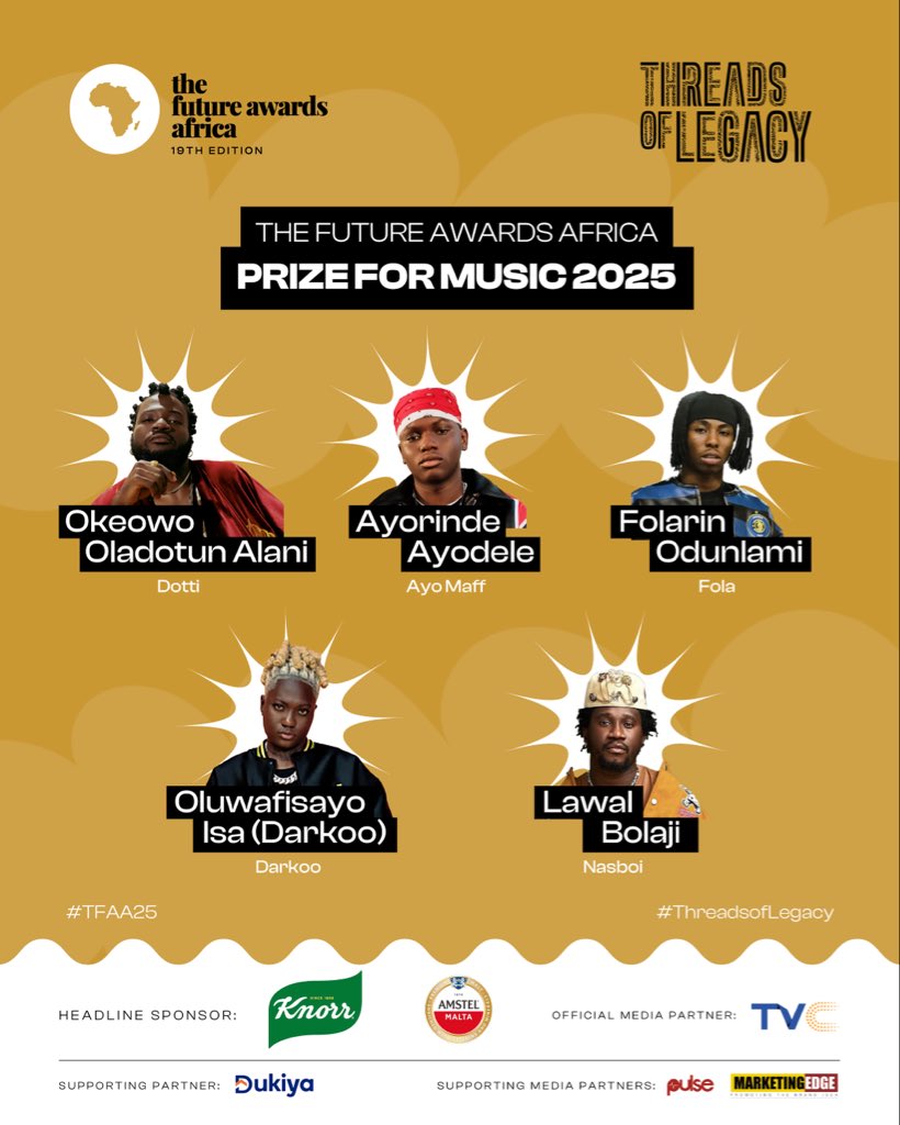 TFAAfrica's tweet image. Presenting the 2025 nominees for The Future Awards Africa Prize for Music!

From the vibrant beats of Afrobeats to the smooth sounds of R&amp;amp;B, these artists create melodies that move hearts and unite audiences across the world.

#TAA19 #ThreadsOfLegacy #TFAA19NomineesUnveiling