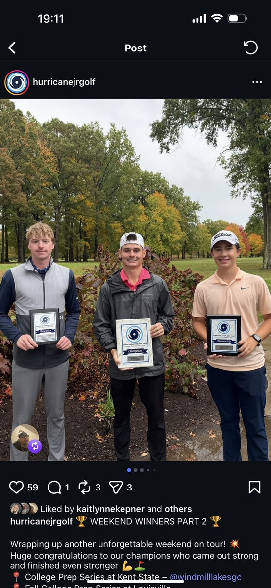 tommy_mankowski's tweet photo. Glad to be able to finish my year strong and battle the elements at Windmill Lakes. Bringing home the win at the @HJGT college prep series! @KentStGolf https://t.co/FUnmlD4yuF