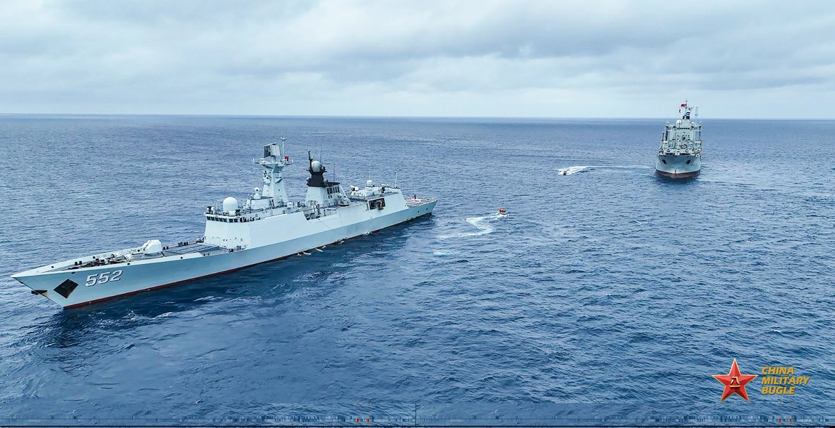 ChinaMilBugle's tweet photo. Replenishment Training: Photos show warships attached to a naval flotilla under Chinese #PLA #SouthernTheaterCommand conducting alongside #replenishment while anchoring during a maritime training exercise. https://t.co/GPRThbp5rN