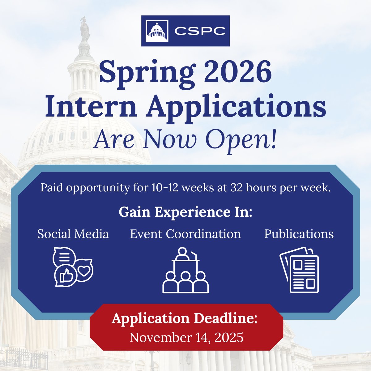 CSPC_DC's tweet image. 📢 Deadline extended! Apply for our 2026 Spring Internship by November 14. Don’t miss the chance to gain hands-on think-tank experience in Washington DC! Details and application here: thepresidency.org/internships

#internship #DCInternship #SpringInternship