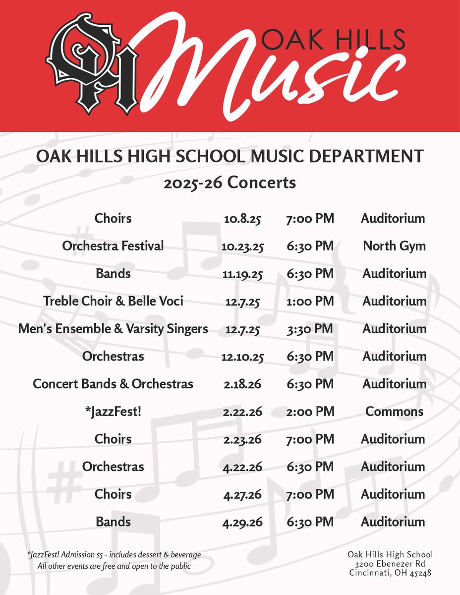 OHLSD's tweet image. Mark your calendars! Come enjoy the incredible concerts showcasing the talent and hard work of the Oak Hills music departments. #SupportTheArts