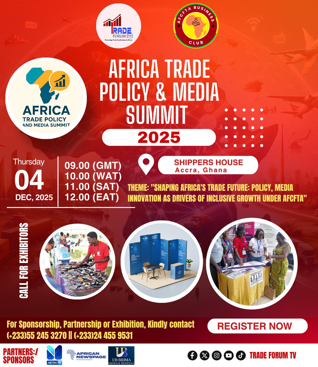 Exhibit your brand at <a href="/ATPMS_/">Africa Trade Policy and Media Summit</a> 2025 — Africa’s premier Trade Policy and Media Summit! Showcase your products, connect with industry leaders, and unlock new business opportunities across the continent. 🌍

👉 Register now: docs.google.com/forms/d/1D7Otm…

#ATPMS2025 #Afcfta  #Exhibition
