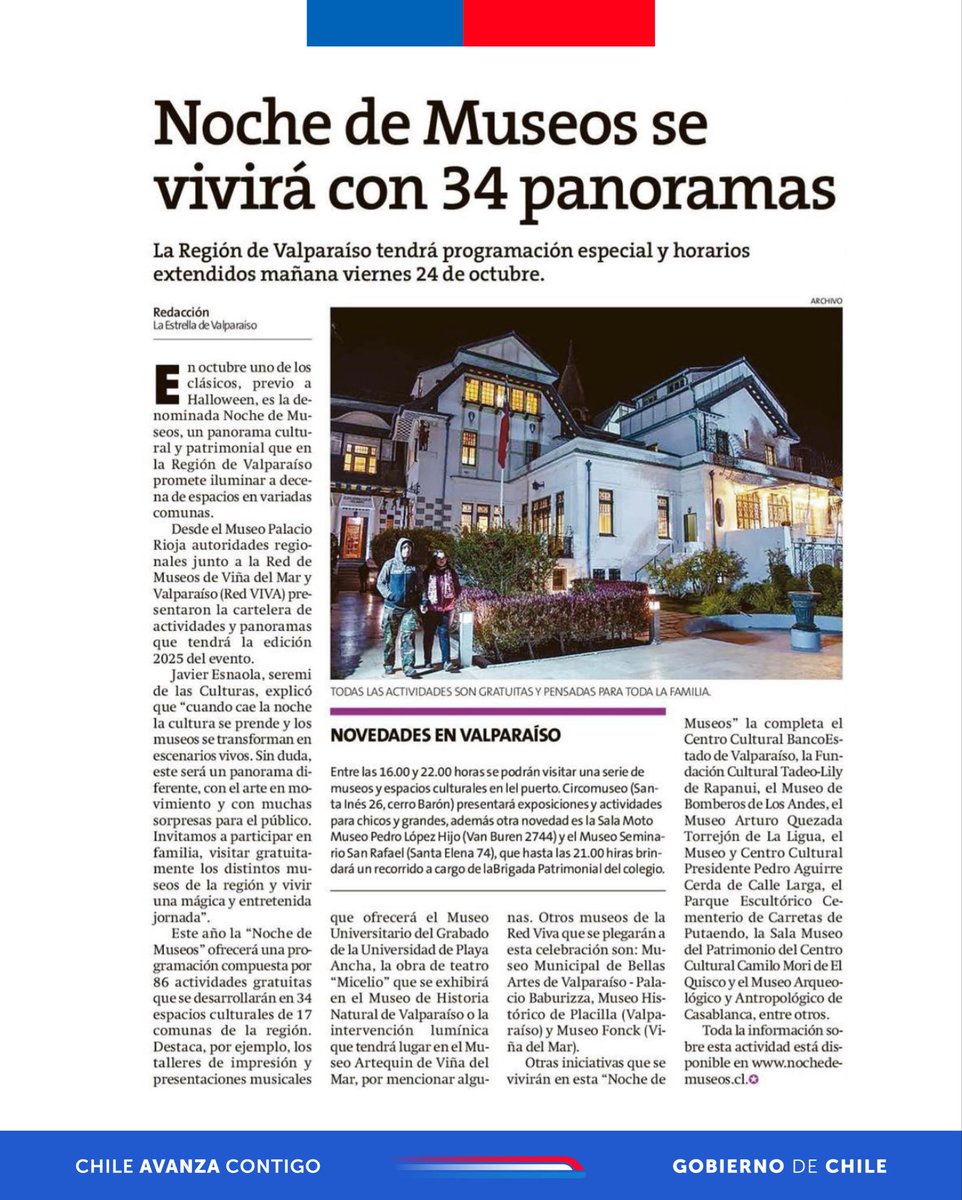 ¿Panorama para este viernes? 😎

📌 Todo listo para comenzar el fin de semana con un panorama imperdible: “Noche de Museos” promete iluminar la jornada con programación especial y horarios extendidos. Actividad gratuita.

📲 nochedemuseos.cl 

📰 <a href="/laestrellavalpo/">La Estrella de Valpo</a>