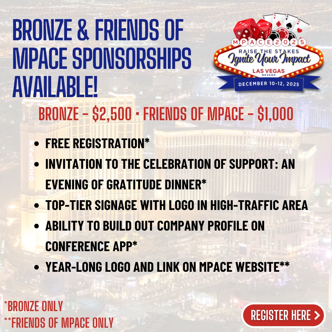 Become an #MPACE2025 Sponsor!

Support the MPACE mission and gain valuable visibility within the university career services and recruiting community!

Bronze Level | $2,500
Friends of MPACE | $1,000

Learn more about sponsorship opportunities here: mpace.org/events/EventDe…
