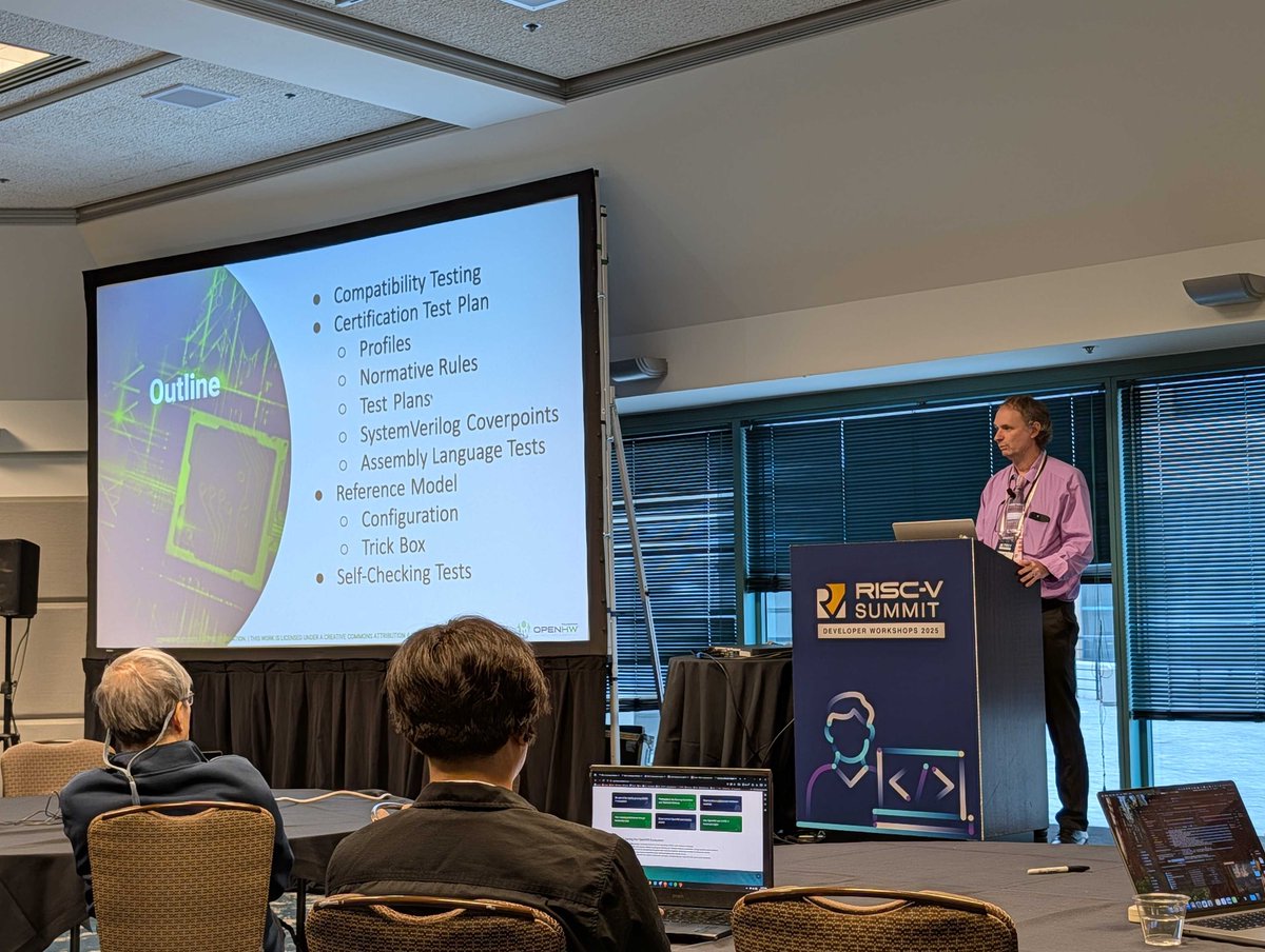 OpenHWFdn's tweet image. 🙌 We had a full house at the #RISCVSummit Developer Workshop session on RISC-V Compatibility Testing delivered by @OpenHWFdn Director of Engineering Mike Thompson, David Harris and Jordan Carlin from @harveymudd.

#RISCV #RISCVSummit #RISCVEverywhere #OpenHW @risc_v