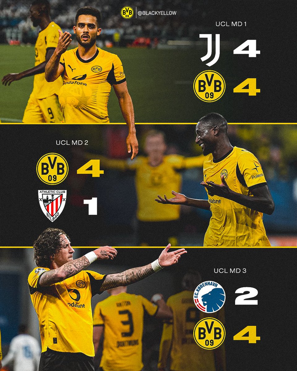 BlackYellow's tweet photo. The first club in UCL HISTORY to score 4️⃣ goals in 3️⃣ consecutive games. Nice! 👍 https://t.co/mI2DBx4Ss7