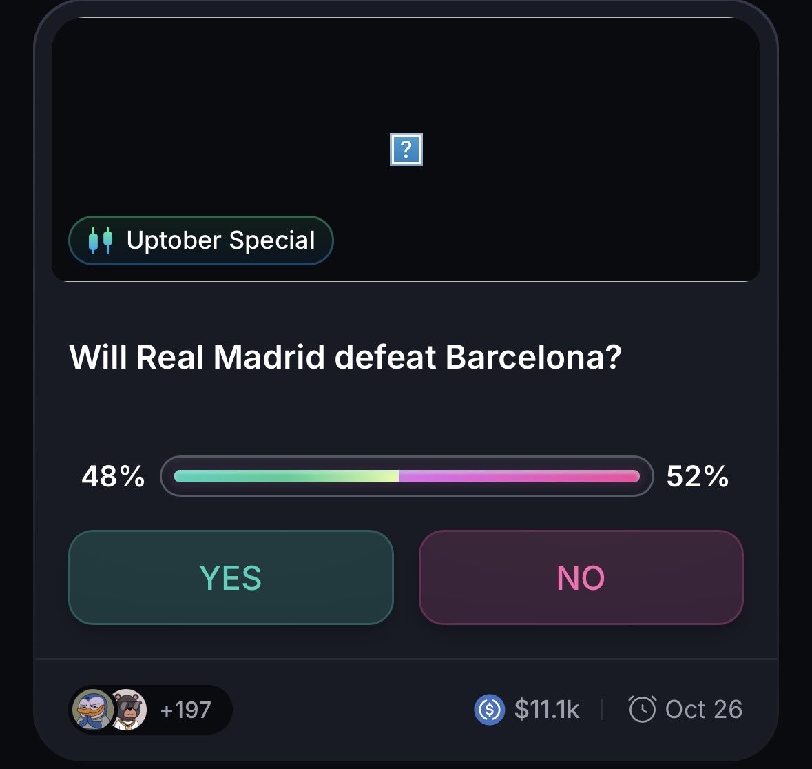 MatesunBimbola's tweet photo. one of the hottest prediction right now on @MyriadMarkets is the match between Barcelona and Real madrid…
who do you think is gonna win ?

I’m betting on a draw,So i’ll be picking the No option for this prediction . https://t.co/XkeaAk1HA2