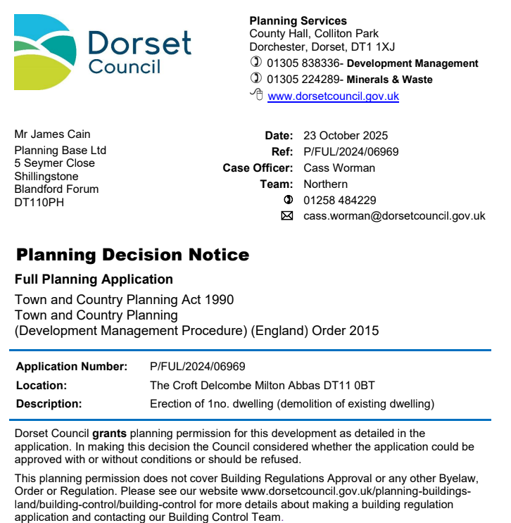 PlanningBase's tweet image. @planningbase obtains consent for replacement dwelling in ecologically sensitive area within a Listed landscape near #MiltonAbbas in #Dorset.