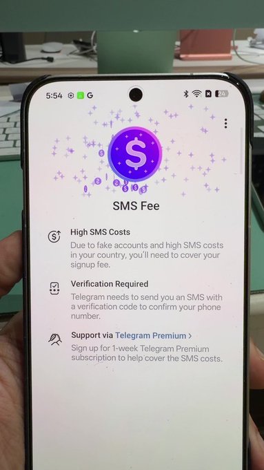 جيت اسجل دخول بتيليقرام على جهاز جديد، حطوا رسوم للدخول. تخيلوا لازم تشترك بريميوم لان سعر sms بدولتكم عالي (حسب كلامهم). وش حركات النص كم هذي ؟ 
