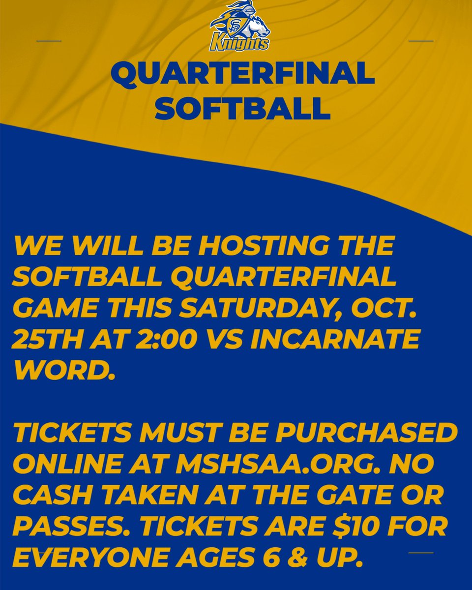 Softball Quarterfinals this Saturday!  We will be hosting the SB Quarterfinal game vs. Incarnate Word at 2:00.  All tickets must be purchased online at mshsaa.org for $10 for everyone ages 6 &amp; up. No cash taken at the gate or passes.