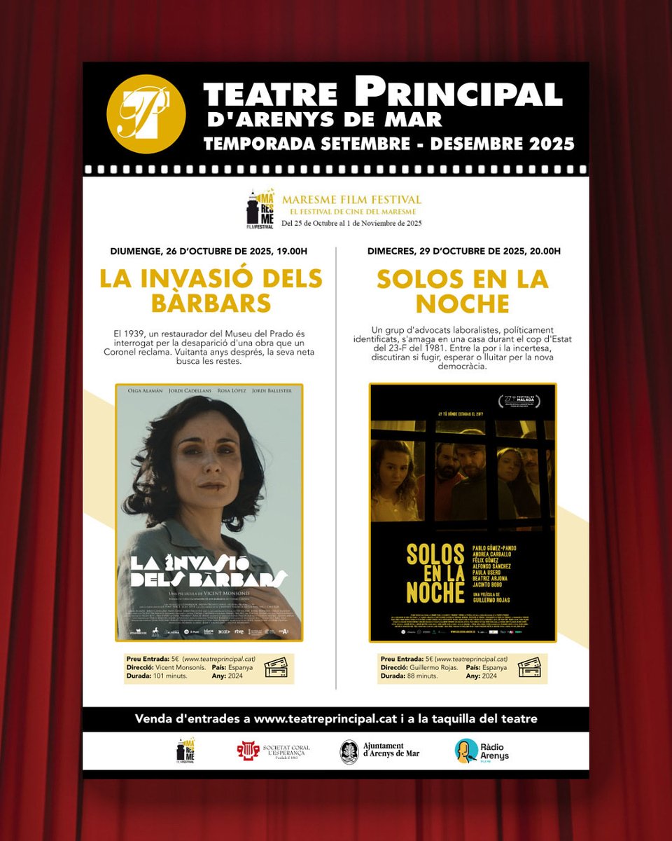 🎬 Aquest dissabte arrenca la nova edició del Festival de Cinema del Maresme! 

👀 El Teatre Principal d’Arenys de Mar s’uneix a la festa cinematogràfica amb dues projeccions especials: La invasió dels bàrbars diumenge 26 a les 19h i Solos en la Noche dimecres 29 a les 20h.