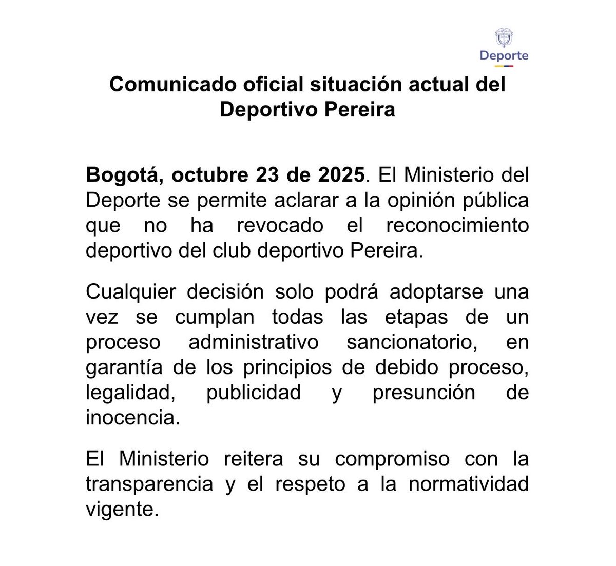 Carlos Arturo Arango (Petiso) 😉 (@elpetisoarango) on Twitter photo El <a href="/MinDeporteCol/">Ministerio del Deporte</a> aclara que al <a href="/DeporPereiraFC/">Deportivo Pereira 🐺</a> no se le ha revocado el reconocimiento deportivo, esto ante versiones de medios que así lo aseguraban El <a href="/MinDeporteCol/">Ministerio del Deporte</a> aclara que al <a href="/DeporPereiraFC/">Deportivo Pereira 🐺</a> no se le ha revocado el reconocimiento deportivo, esto ante versiones de medios que así lo aseguraban