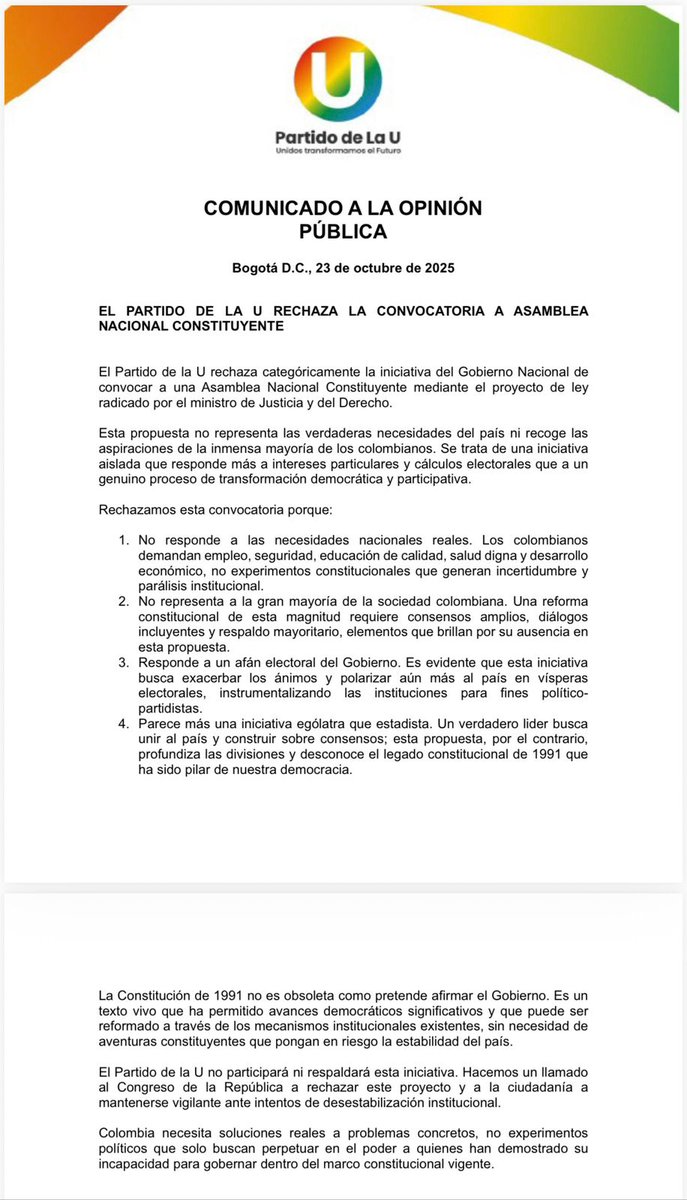 🔵 Los partidos Cambio Radical y La U emitieron un comunicado oficial en el que anuncian que no respaldan el proyecto de ley que ya tiene listo el ministro de Justicia, Eduardo Montealegre, para convocar una Asamblea Constituyente.