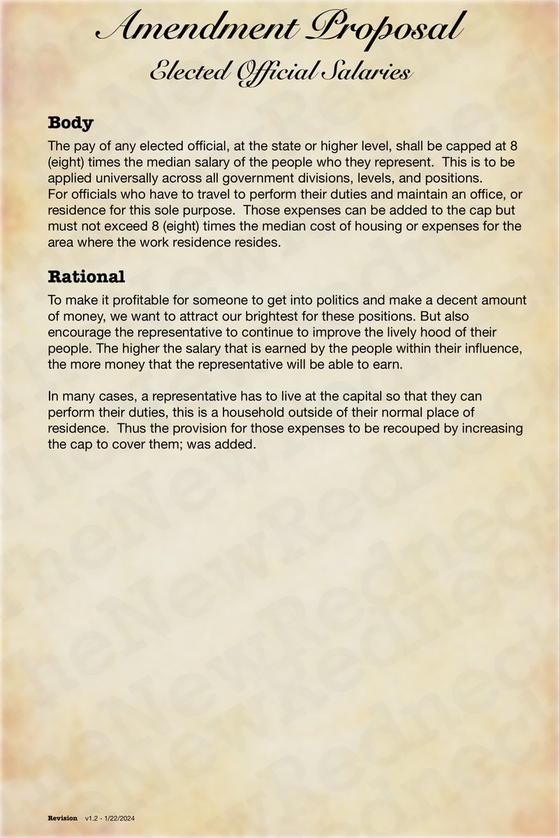 Another one of my brilliant (well, at least my brain thinks so) thoughts on another amendment to the Constitution.   This one is about how elected officials are paid.   Basically, it says that they should be paid based on the average salary of the people that they represent.