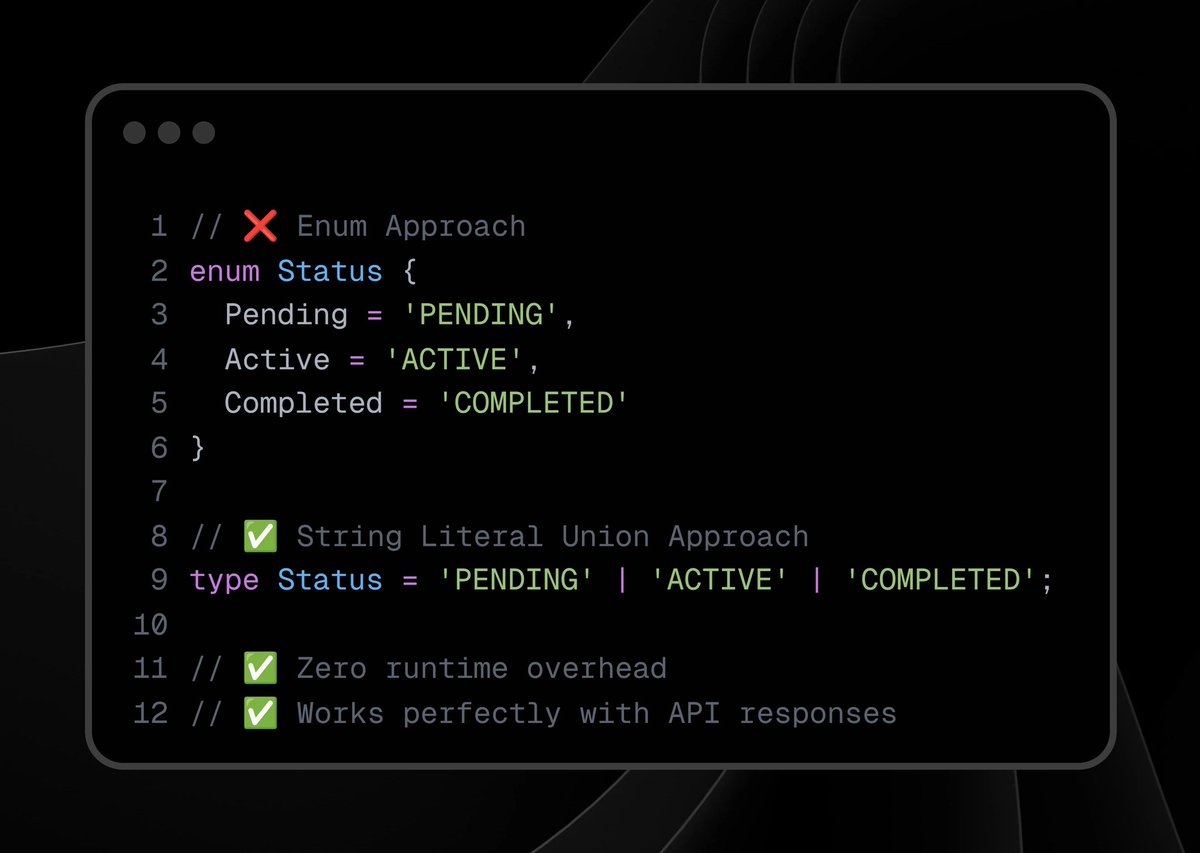 crytpo_world's tweet image. ⚡ String Literal Unions are cleaner, faster, and have zero runtime overhead!
#TypeScript #DevTips #Javascript