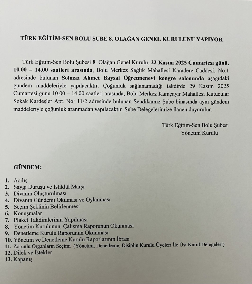 TÜRK EĞİTİM-SEN BOLU ŞUBESİ 8. OLAĞAN GENEL KURULUNU YAPIYOR

22 Kasım 2025 Cumartesi günü gerçekleştirilecek olan 8. Olağan Genel Kurulumuza ait ilan metni; sendika binamızda bulunan duyuru panosuna asılmış olup, ayrıca sosyal medya hesaplarımızdan da paylaşılmıştır.

Şube
