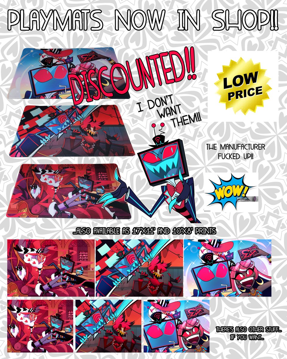 Due to manufacturer error, I have several incorrectly-sized playmats!  All lengths between 23 &amp; 24 inches with a width of roughly 14  inches. All are 3mm thick.

#HazbinHotel #HazbinHotelVox #HazbinHotelAlastor